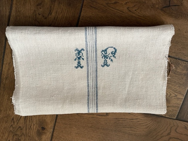 Antique Hungarian Grain Sack Linen Table Runner - monogrammed 'IP'
