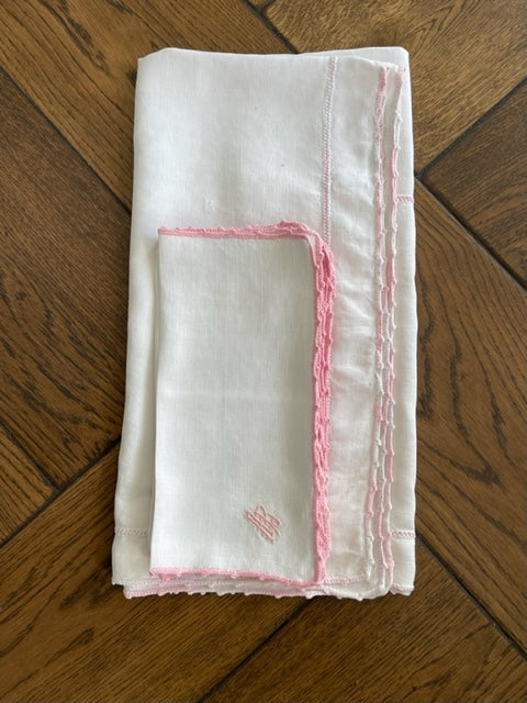 Vintage French linen pink-embroidered tablecloth & napkin set