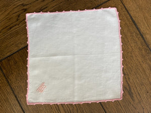 Vintage French linen pink-embroidered tablecloth & napkin set