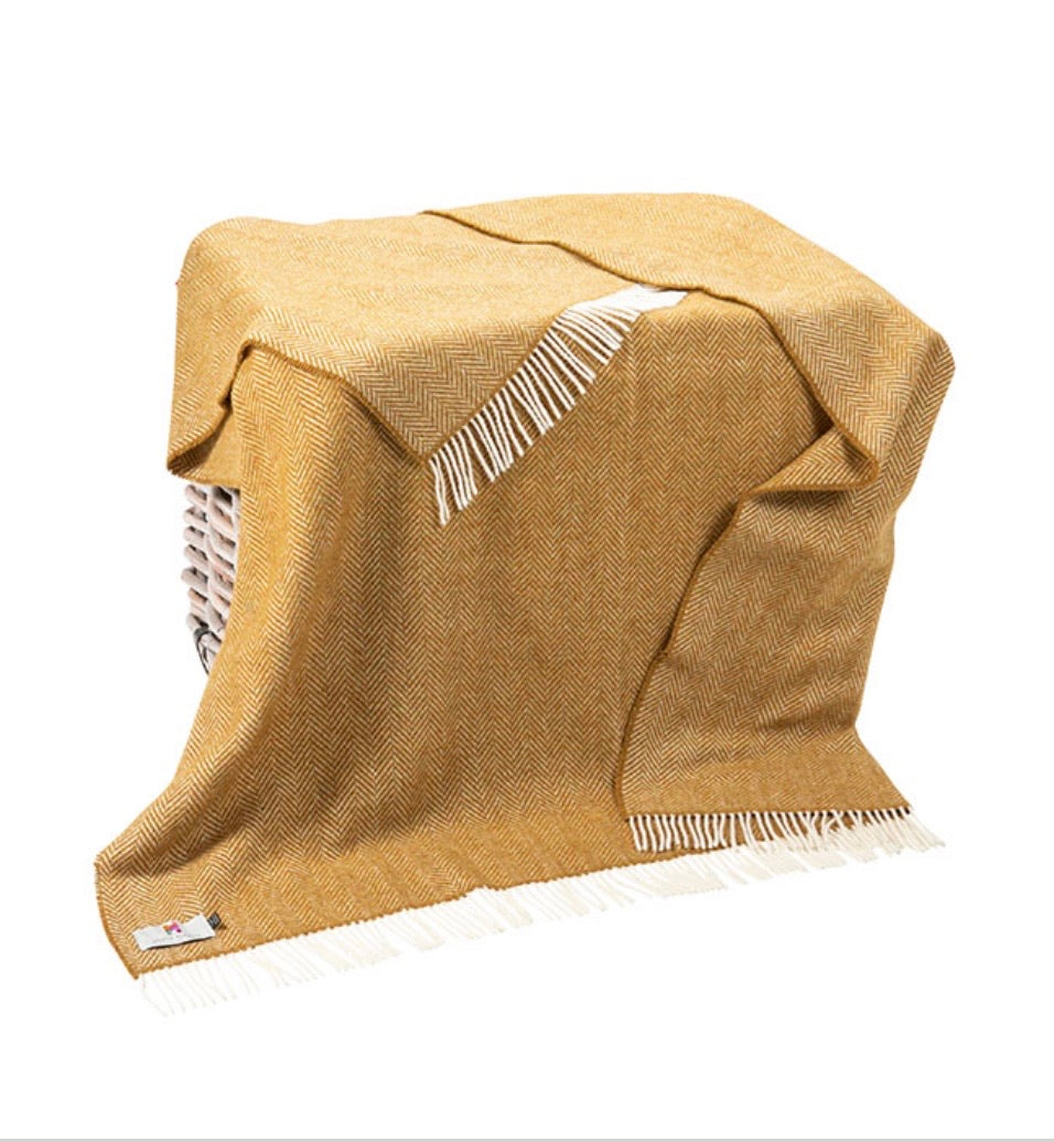 Merino Cashmere Throw - Mustard Herringbone