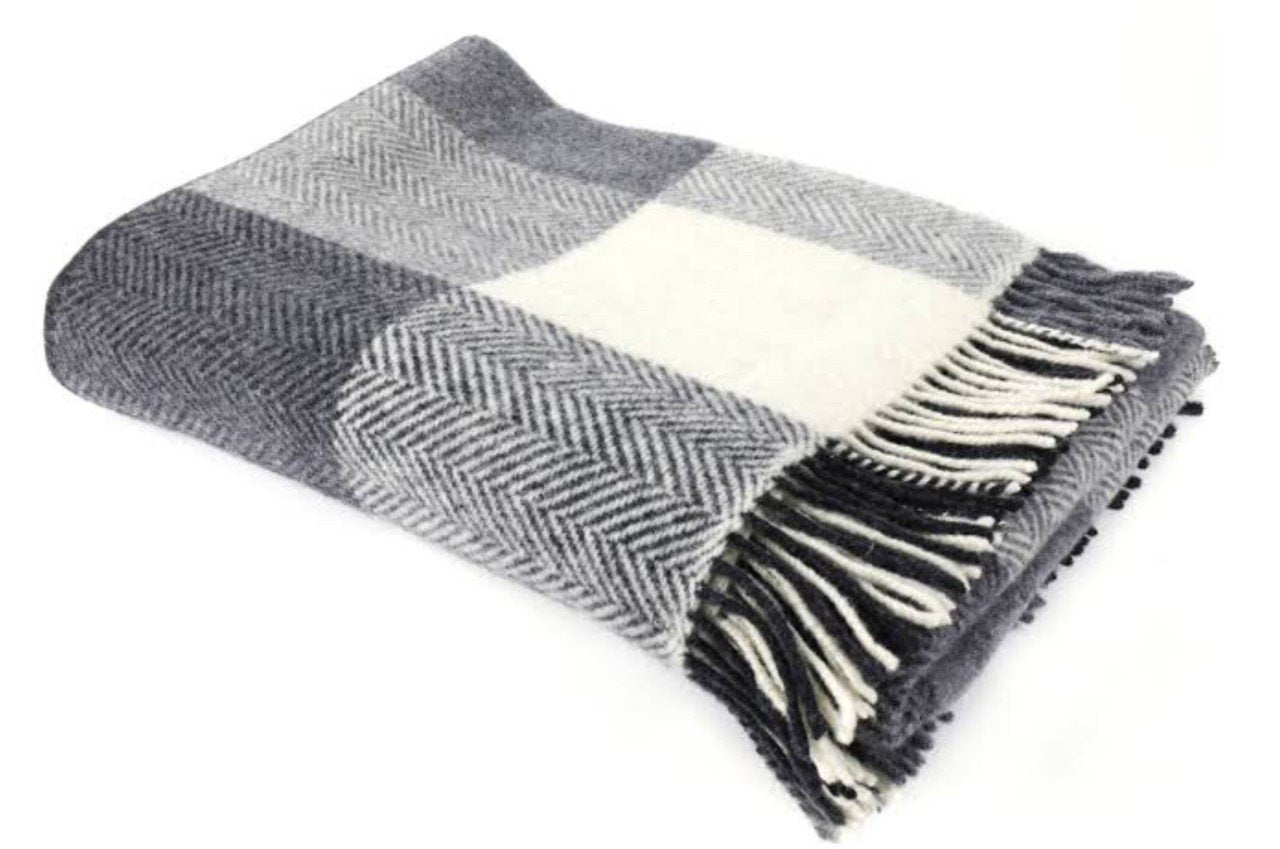 Merino Cashmere Throw - Grey + White Herringbone Large Check