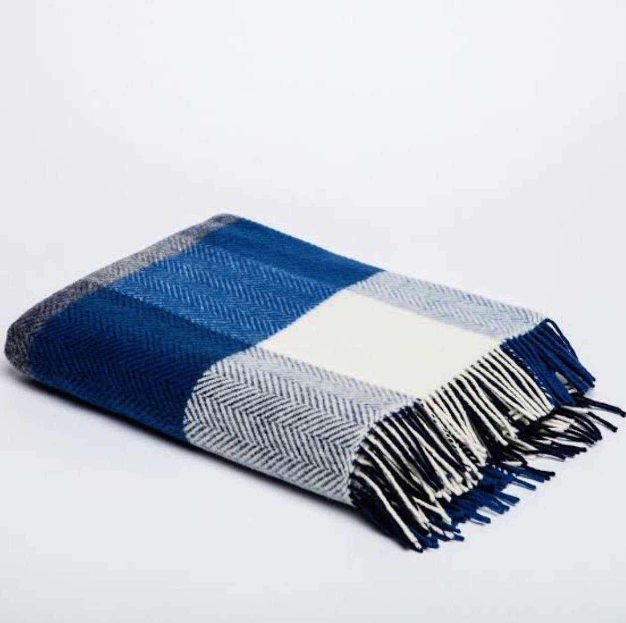 Merino Cashmere Throw - Blue, Demin + White Large Check