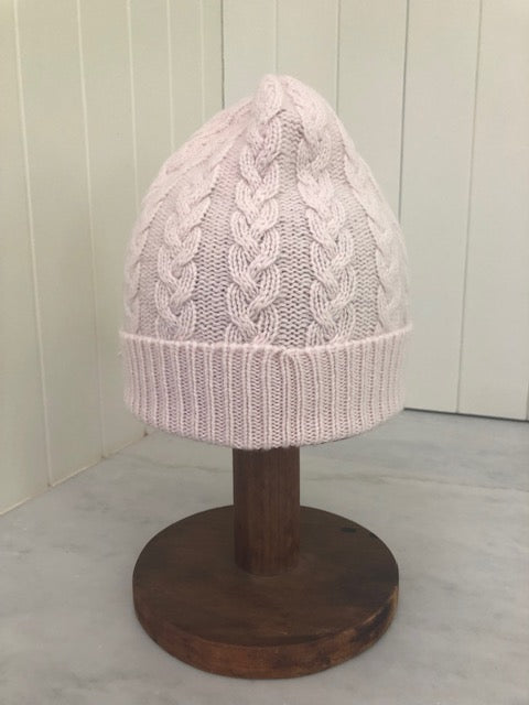 SCA 3-ply Beanies | Palest Pink Cable Knit