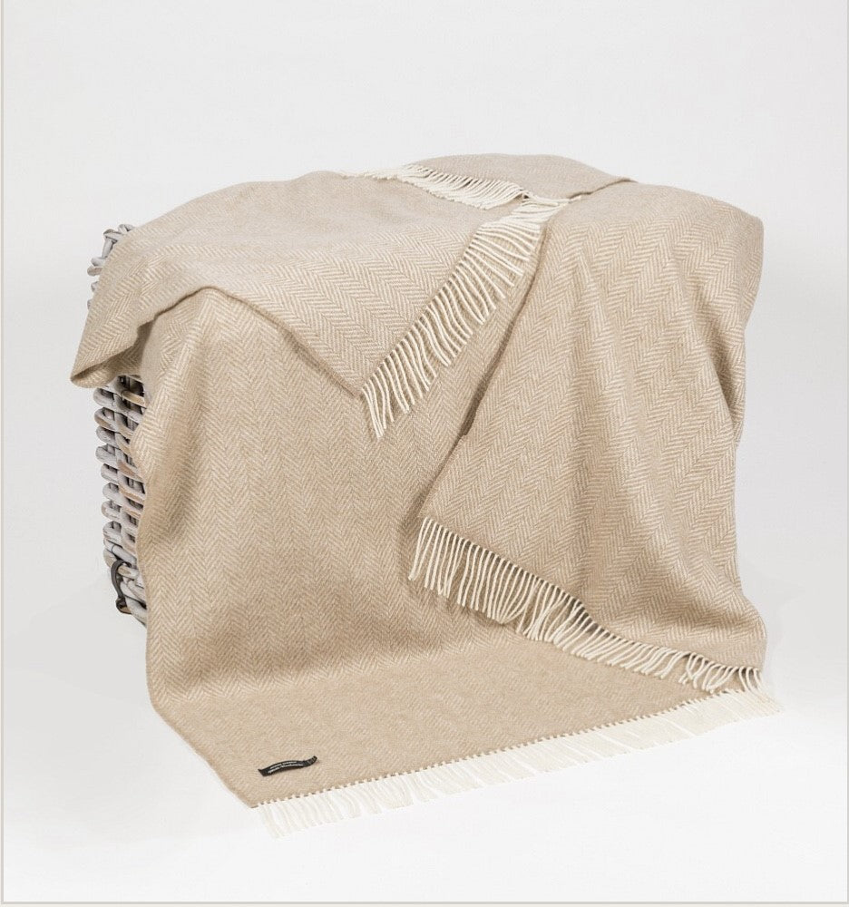 Merino Cashmere Throw - Beige Herringbone