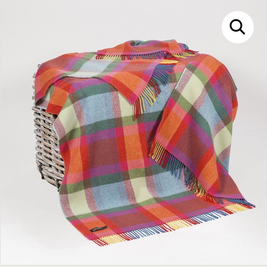 Merino Cashmere Throw - Bright Yellow, Pink + Turquoise Check