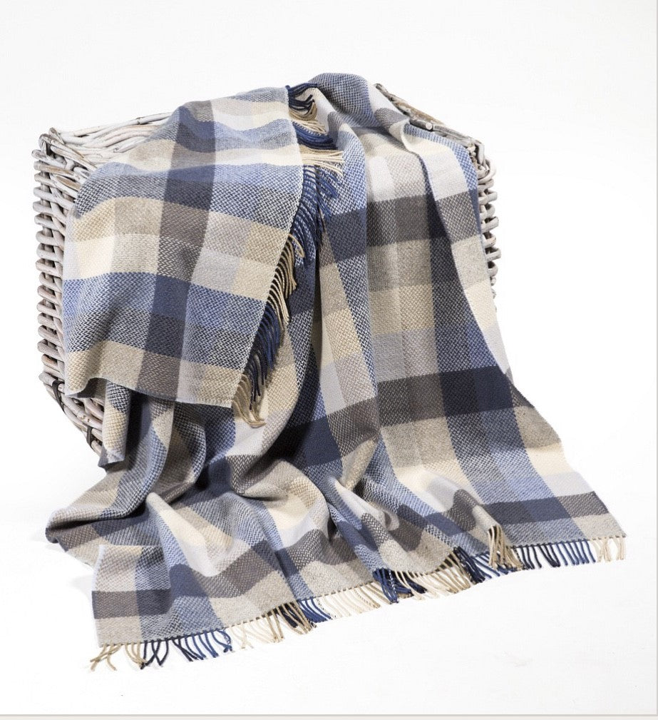 Merino Cashmere Throw - Demin + Cream Large Block Check