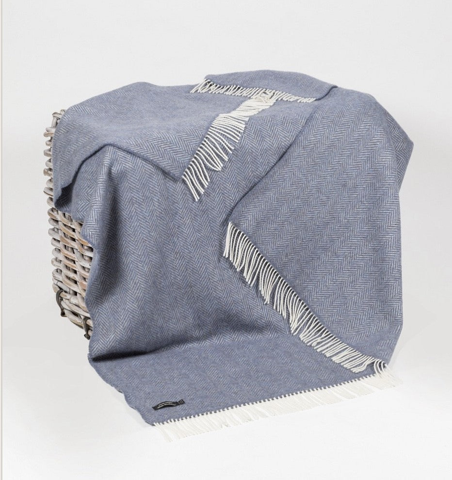 Merino Cashmere Throw - Blue Herringbone