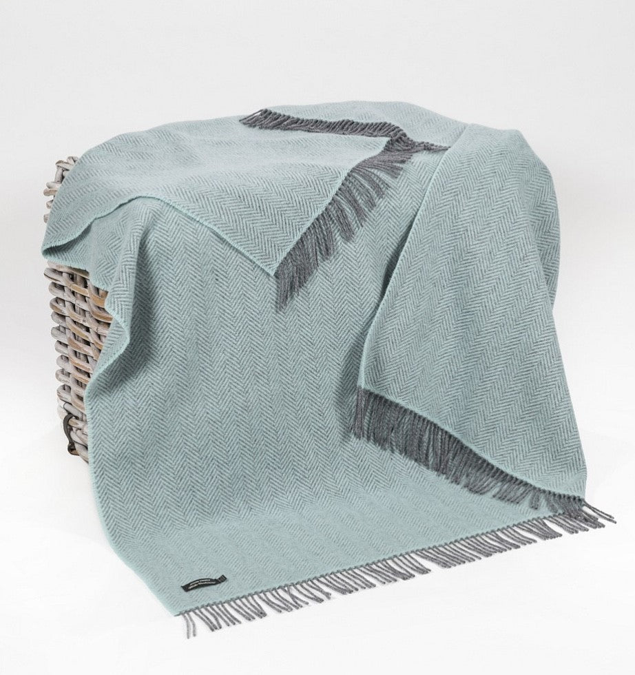 Merino Cashmere Throw - Duck Egg Herringbone