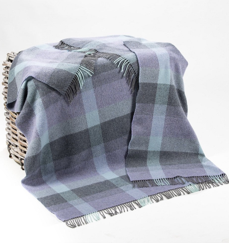 Merino Cashmere Throw - Duck Egg, Teal, Purple + Grey Check