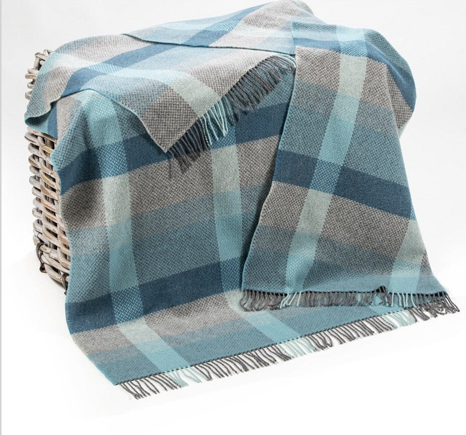 Merino Cashmere Throw - Green, Duck Egg, Aqua + Teal Check