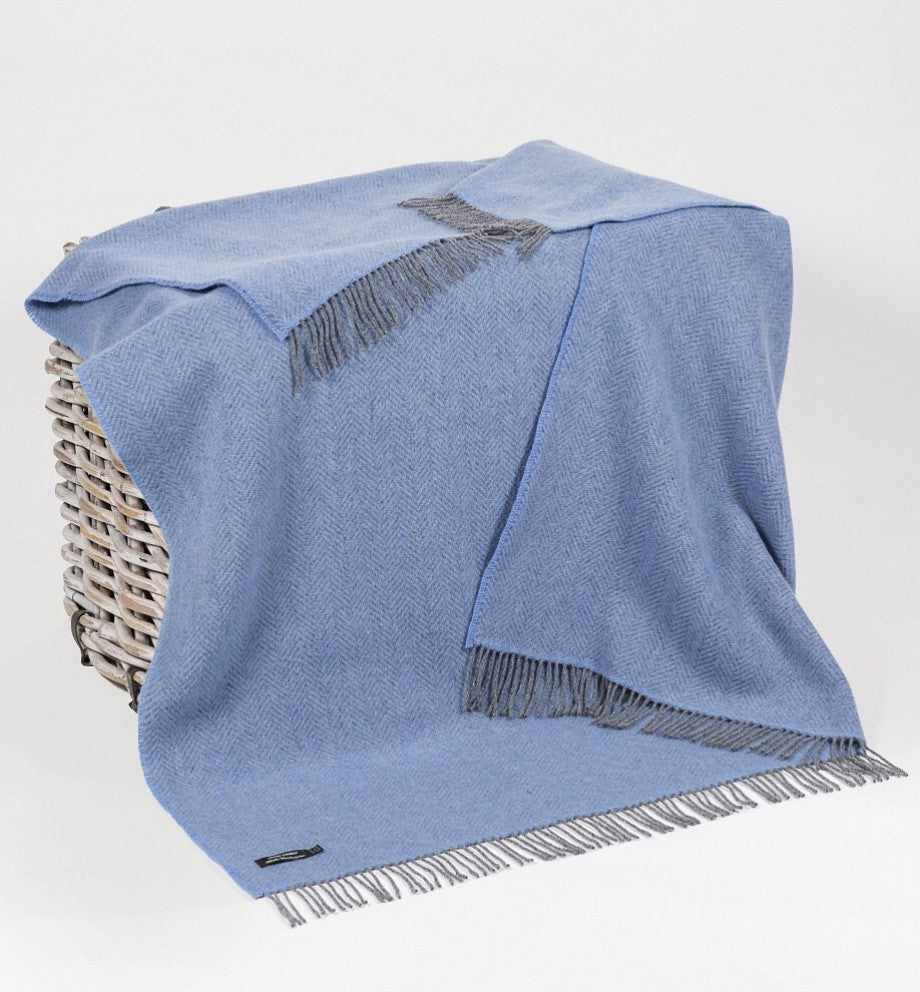 Merino Cashmere Throw - Grey + Blue Herringbone