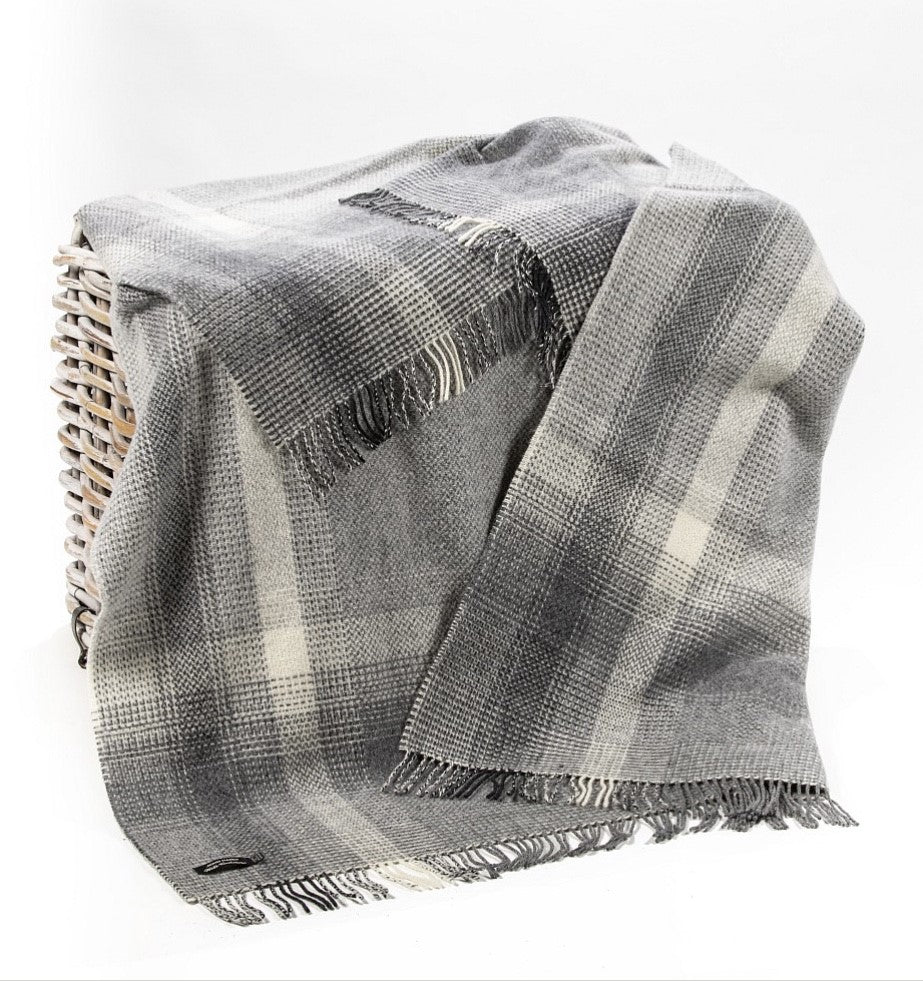 Merino Cashmere Throw - Grey + Silver Border Check